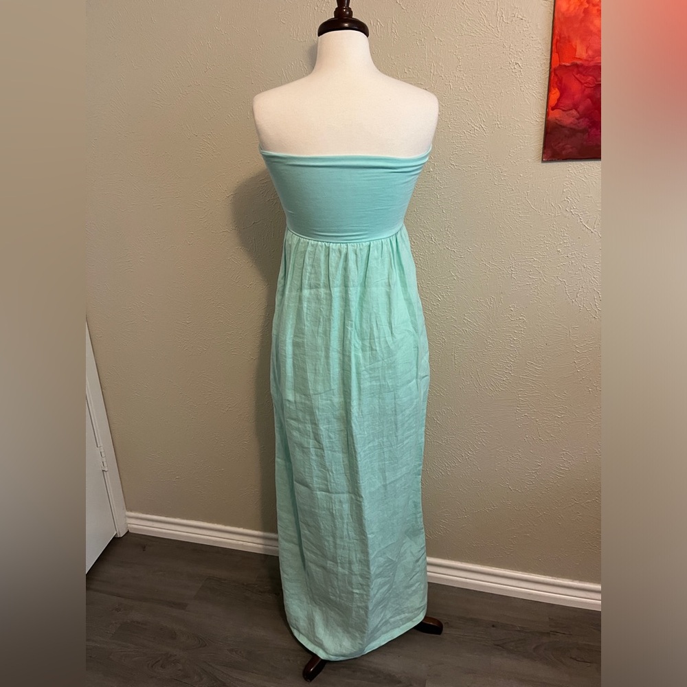 Strapless Aqua Linen Dress with Pockets! - Picture 2 of 3